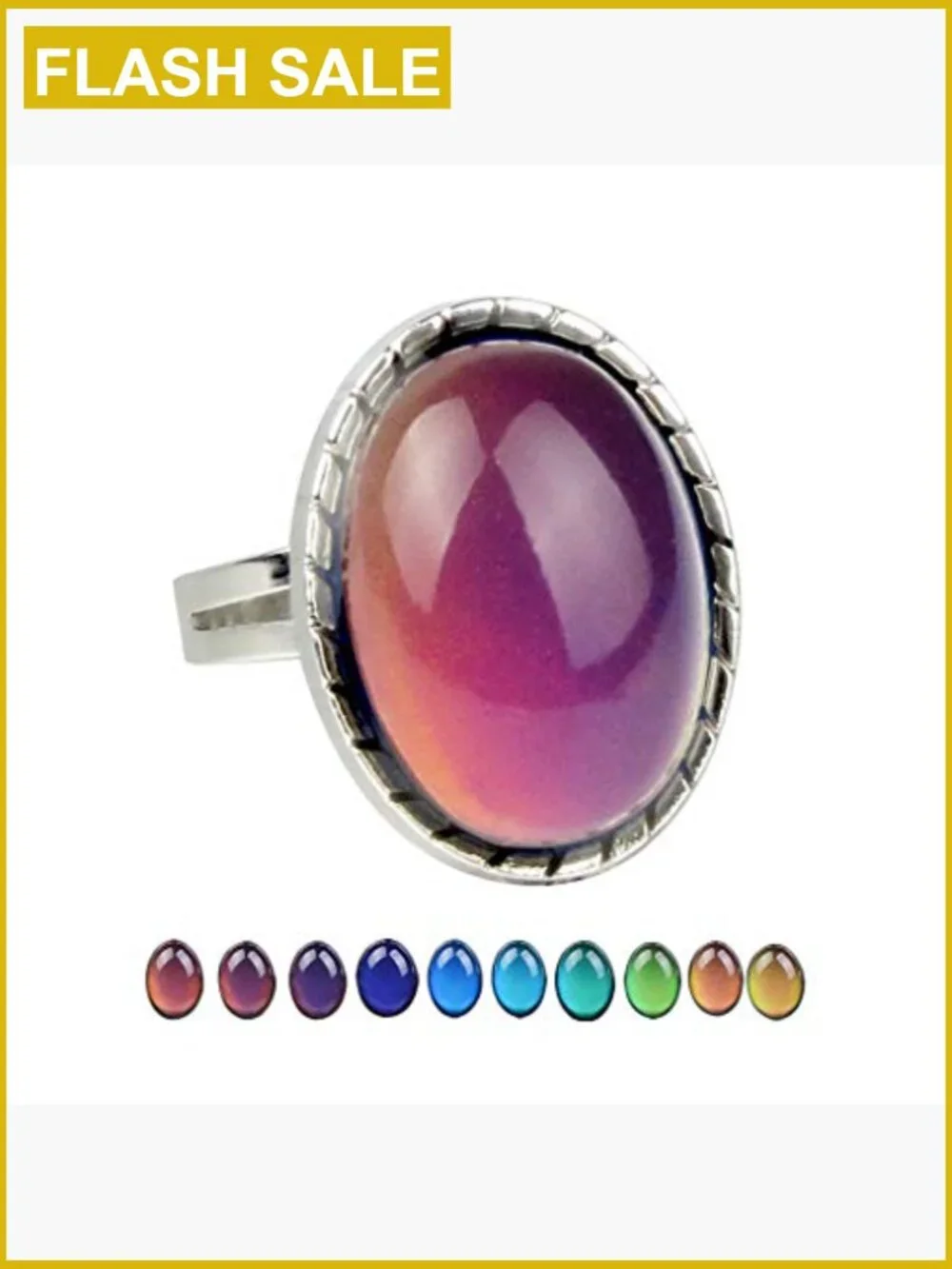 2 PCS Adjustable Mood Ring Set Oval Stone Band Ring One Size Fits All